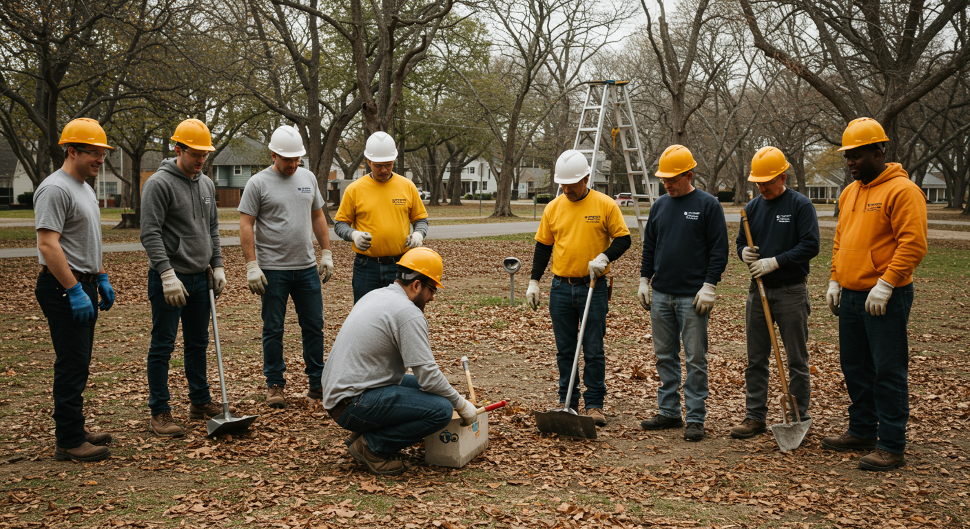 A group of contractors collaborating on a community project, such as repairing a local park or assisting a neighbor with home repairs. The image captures teamwork and community spirit.