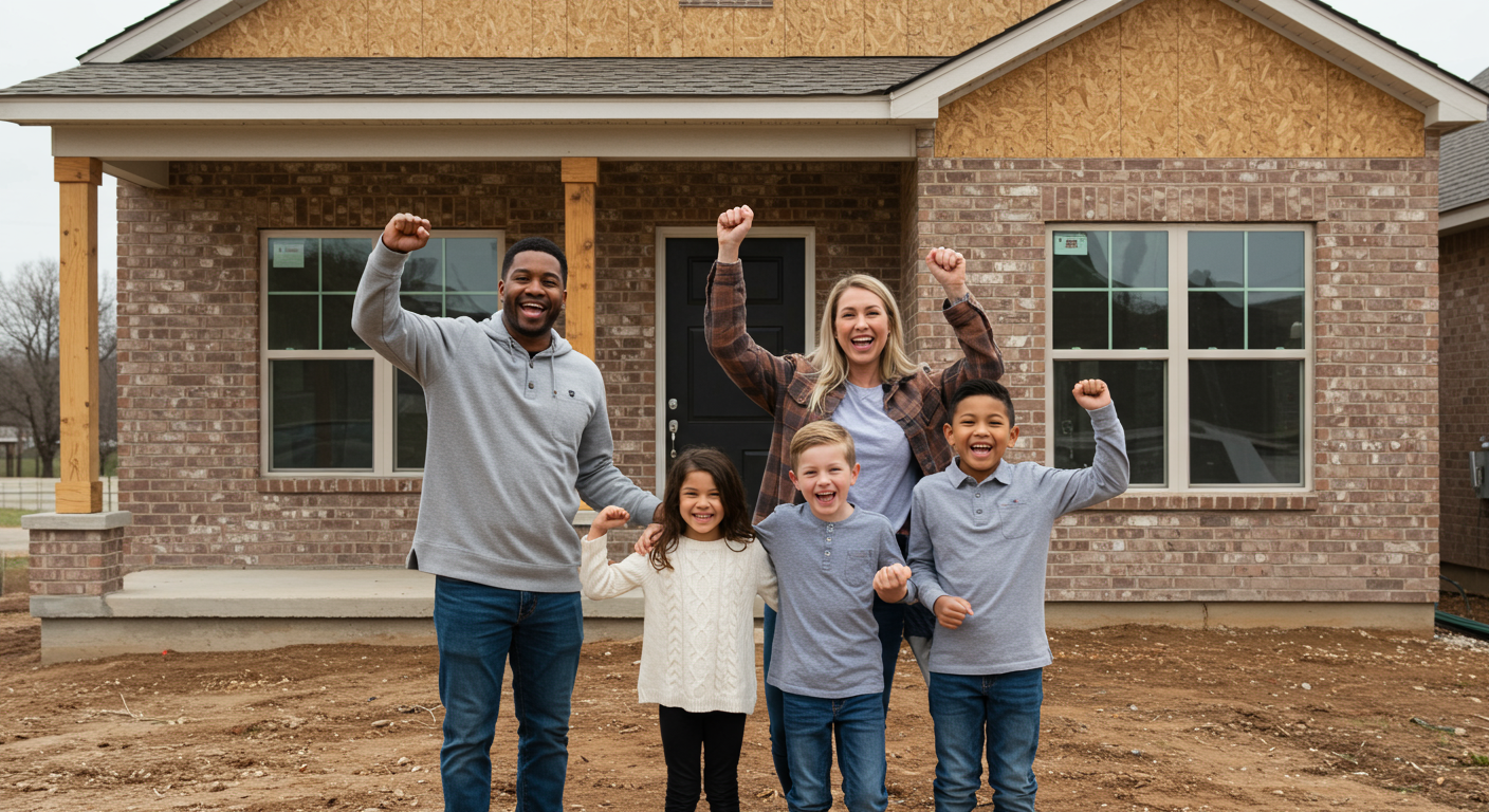 A family standing in front of their newly built home, smiling and celebrating. The image captures the joy and satisfaction of homeownership, emphasizing the builders' role in creating a dream home.