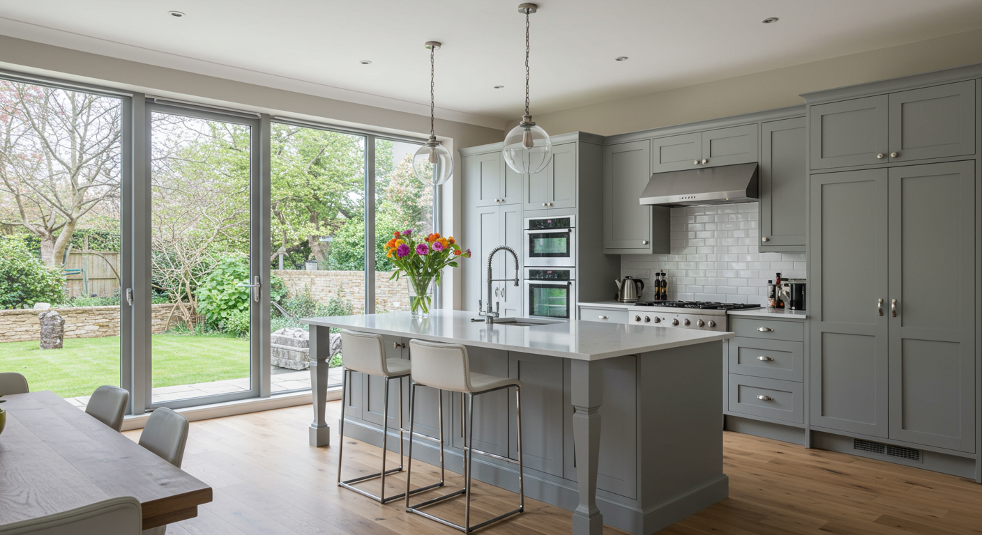 A beautifully remodeled kitchen featuring sleek cabinetry, a large island with bar stools, and modern appliances. The space is well-lit with natural light streaming through large windows, showcasing a vibrant and inviting atmosphere.